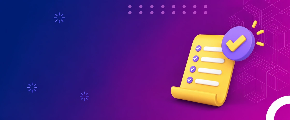 3D illustration of a completed checklist and checkmark badge on a purple and blue gradient background