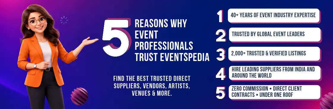 Eventspedia promo banner detailing 5 reasons event professionals trust the global directory, including zero commission, 2,000+ verified listings, and global suppliers