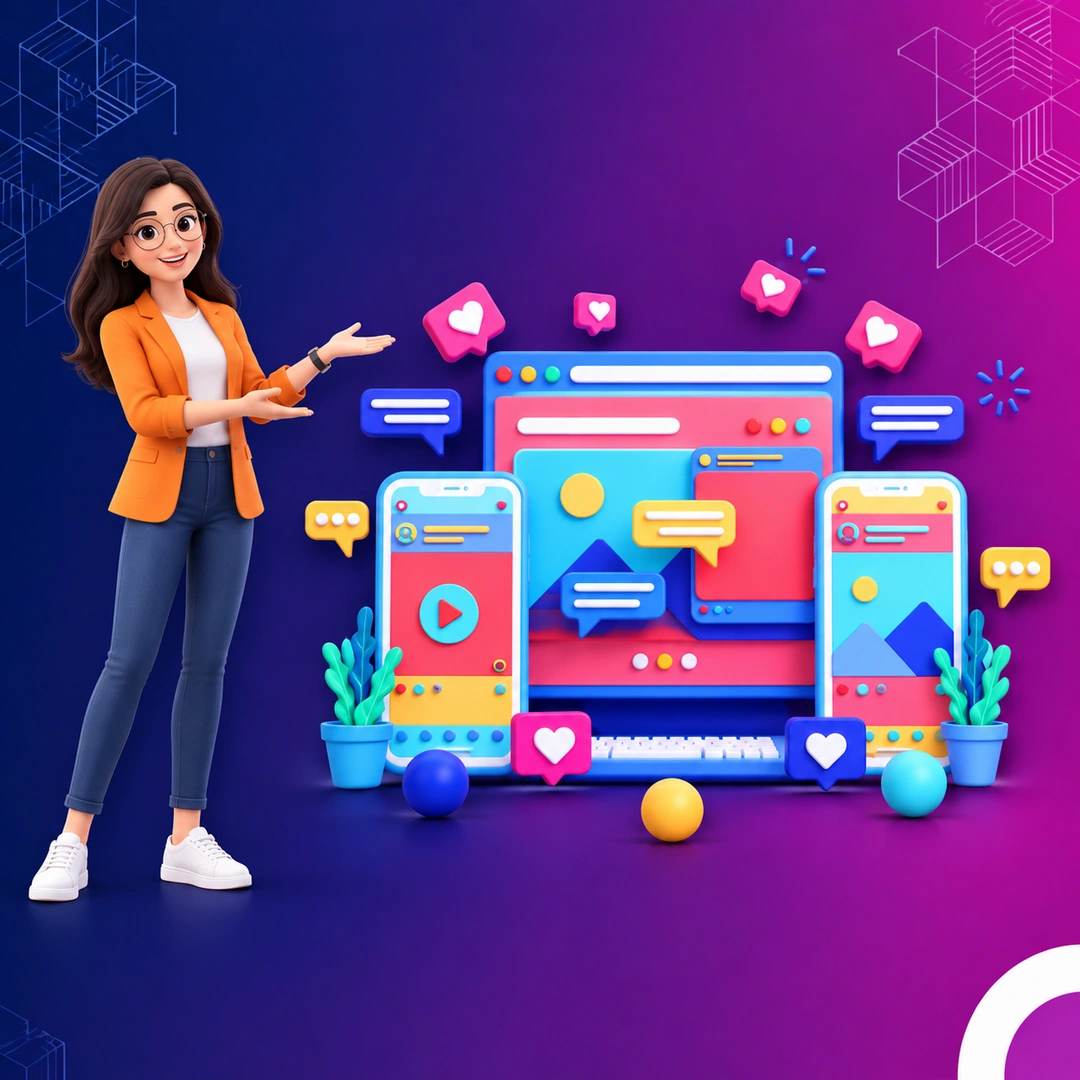 3D illustration of a female professional presenting digital marketing screens